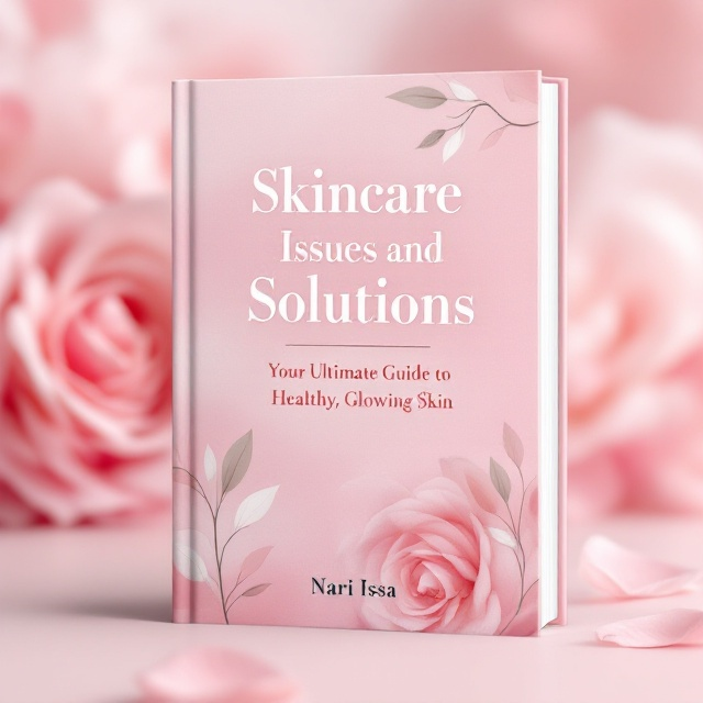 The cover features a minimalist design with a soft, gradient blend of pink and white that gives a fresh, clean feel, representative of skincare. A close-up, blurred image of delicate rose petals sits in the background for texture and softness, giving an organic and soothing touch. The title, “Skincare Issues and Solutions,” is prominently displayed in a modern sans-serif font in white, positioned in the upper-middle section. Beneath it, the subtitle, “Your Ultimate Guide to Healthy, Glowing Skin,” is in elegant cursive, giving warmth and a personal touch. The author’s name, Nari Issa, is in a smaller, delicate sans-serif font at the bottom. Gentle abstract line drawings of leaves frame the text to evoke simplicity and natural care.