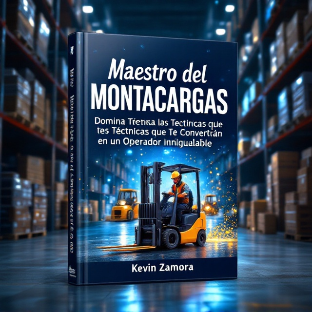 A dynamic scene with a skilled forklift operator maneuvering a forklift within a bustling warehouse. The forklift is positioned in the center, slightly angled for a sense of motion, surrounded by organized stacks of pallets and boxes. Light splashes of dark blue are used throughout the background to enhance depth and focus on the operator. The backdrop subtly depicts the interior of a busy facility with other forklifts in the background.