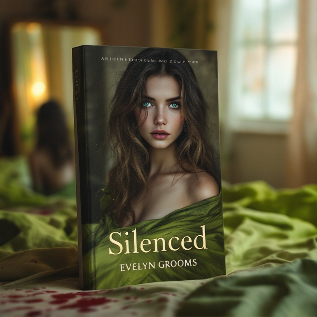 The cover features a slim girl with light brown hair that reaches her shoulders, standing with her back to the viewer. Her green-blue eyes are subtly reflected in a nearby mirror, capturing a glimpse of her face filled with mixed emotions. She's looking towards a bed with lime green sheets, stained with a hint of blood, set against a background of muted browns and peach tones. The overall mood is romantic yet solemn, highlighted by a soft, ethereal light filtering through a window.