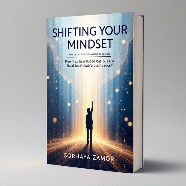 A dynamic burst of abstract light beams originating from the center of the cover, each in varying shades of blue and gold, creating a sense of movement and transformation. A silhouette of a person standing confidently at the center, with their head held high, surrounded by soft glowing orbs symbolizing thoughts.
