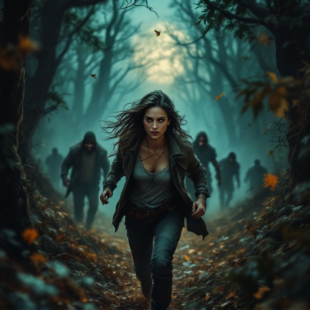 The cover vividly depicts a dense, shadow-laden forest in shades of dark green and earthy woody browns, with streaks of moonlight filtering through the canopy. At the center, in the foreground, a young lady in distressed yet rugged attire is running with an intense look of determination. Behind her, a group of indistinct but threatening male figures emerges from the mist and shadows of the woods, creating tension. A man, possibly her ally, is slightly to her side, clutching her hand protectively. Hints of action flicker with flying leaves and broken twigs as they flee. The distant background features silhouetted trees tinged with deep blues tied to the night.