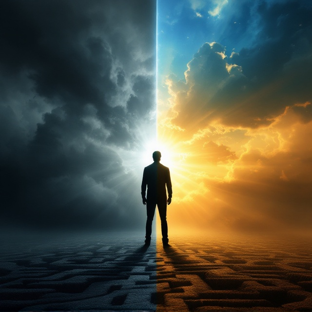 A silhouette of a human figure stands at the center of the cover, divided diagonally. On the left side, dark stormy clouds, a shadowy labyrinth, and a figure cloaked in darkness represent fear and self-doubt. On the right side, warm sunlight bursts through, gradually overtaking the shadows. These brighter elements transition into a golden-hued sky with rays of light, symbolizing hope and growth. Below the figure, tiny footprints lead from the darker side to the lighter side, embodying the journey of overcoming. The title is placed prominently, with the words "Overcoming Fear" in the bright section and "and Self Doubt" in the darker section for a clever visual emphasis.