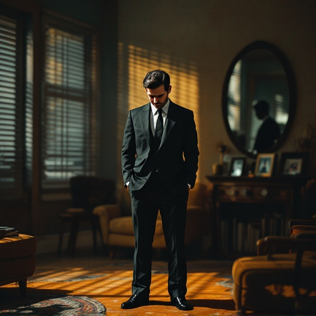 A lone male figure in a sharp 1960s suit with his tie slightly loosened stands at the center of the cover. His head is tilted downward, shadows obscuring part of his face to reflect internal conflict. The setting is a dimly lit retro living room with warm tones of brown, deep orange, and faded green. In the background, a family photo sits askew on a mantelpiece, hinting at his roles as both a father and husband. The lighting is dusky, with golden rays of sunlight streaming through Venetian blinds, casting sharp lines across the man's face and body, symbolizing a fragmented life. A subtle hint of a male silhouette appears faintly reflected in a mirror behind him, symbolizing his hidden identity.