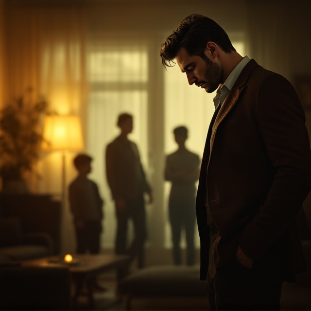 A dimly lit 1960s living room setting, featuring warm, muted tones to evoke a sense of nostalgia and secrecy. The main focus is a handsome man standing to the side, with his head downcast and expression lined with emotion. In the background, visible through a layer of misty, soft focus, are the shadowy figures of a woman and three young boys, hinting at a family life left in the shadows. A wedding ring on the man’s left hand subtly catches the light.