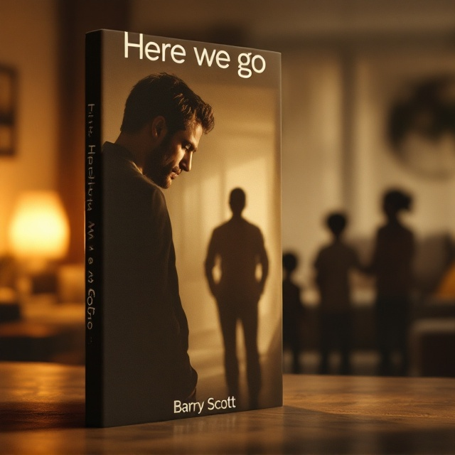 A dimly lit 1960s-inspired living room with a sepia-toned color palette to evoke a sense of warmth and nostalgia. To the left of the cover, a handsome man stands in a hunched posture, his face downcast, visibly conflicted. His wedding ring glints softly in the dim light. In the background, blurred through a soft, misty haze, a woman and three young boys stand as shadowy figures. The furniture is mid-century modern—a couch and a lamp in the periphery hinting at the era—adding authenticity while not detracting from the primary focus. The faint glimmer from a small lamp highlights the man’s silhouette, drawing the viewer’s eye to his internal struggle.