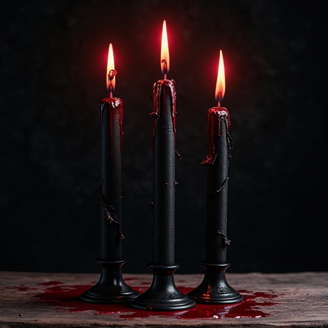 Three tall, slender black candles with flames that appear to drip crimson blood starkly against a pitch-black background. The candles are placed on a textured wooden table. The background fades gently to allow a shadowy gradient that provides depth, while leaving ample space above the candles for the title. The blood dripping from the flames pools subtly on the table below, creating uneven splashes of carmine red.