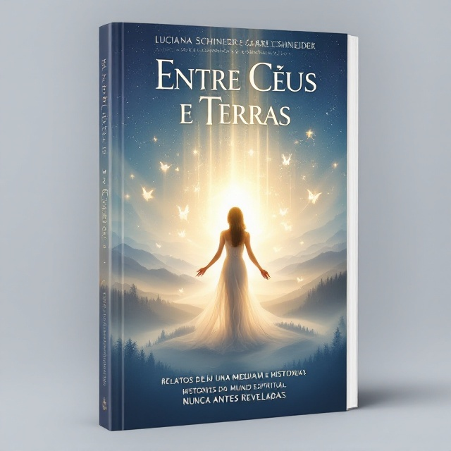 A serene scene depicting the blend of celestial and earthly realms. The top half of the cover is dominated by a dreamy, deep blue starry sky, with soft golden beams of light radiating downwards, symbolizing connection with higher realms. The lower half transitions into a tranquil, misty landscape of rolling hills with hints of a forest barely visible through the hazy glow. At the center, an ethereal, glowing figure of a medium stands gracefully, radiating a subtle golden aura. Around her, gentle, spirit-like silhouettes mingle into the background, blending sky and earth. The light around the edges gradually softens, pulling attention towards the central figure.