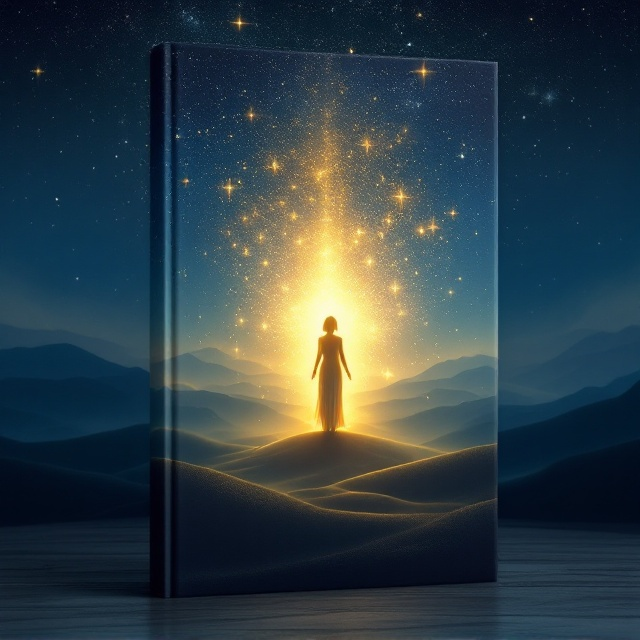 The top portion of the cover is dominated by a deep blue star-filled sky, illuminated with soft golden beams of light breaking through the vast darkness, symbolizing mystery and spirituality. The sky gently transitions into a tranquil landscape at the bottom, consisting of rolling hills shrouded in faint mist, blending seamlessly with the celestial elements. At the center of the cover stands a glowing, slightly transparent, ethereal figure of a medium, radiating a soft yet radiant golden aura that provides a focal point. Surrounding the medium are faint, barely perceptible spirit-like silhouettes, creating an atmosphere of connectivity and intrigue. The light from the aura subtly interacts with both the sky and earth, visually bridging the two realms.