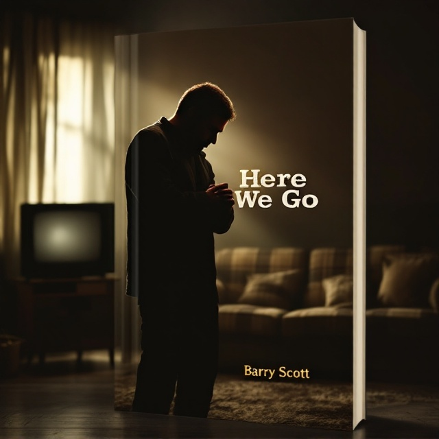 A dimly lit 1980s living room dominates the cover. The background features a retro plaid sofa, a boxy TV on a wooden stand, and patterned wallpaper typical of the decade. To the left, a man stands in shadow with his back partially turned toward the viewer, shoulders slumped, and head hanging low. Faint beams of light from a window fall across him, emphasizing his silhouette. His hands are clasped tightly in front of him, conveying emotional tension. A wedding ring on his hand is visible, catching a glint of light. The whole scene is imbued with muted tones of brown, gold, and deep gray, lending a somber atmosphere.