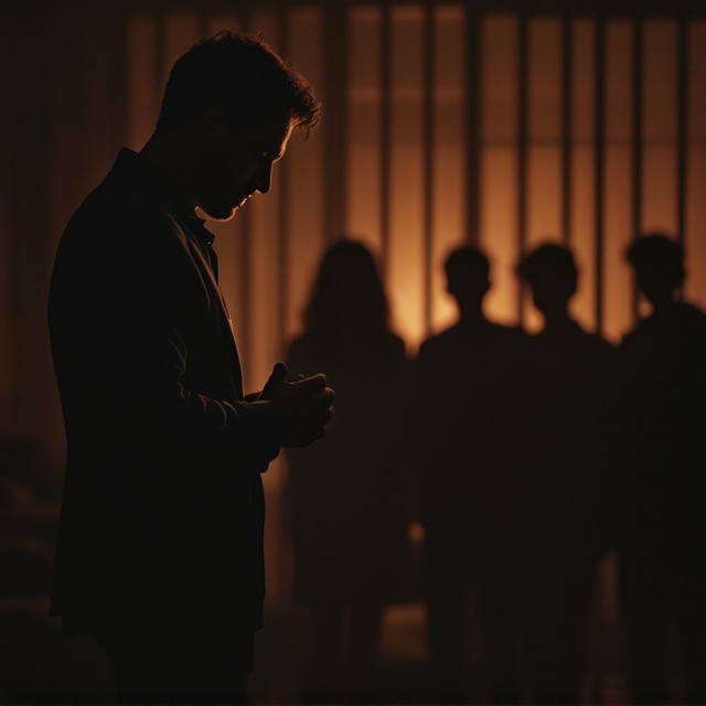 A dimly lit 1980s living room serves as the background, portrayed in muted sepia tones with warm hints of reds and browns. To the left side of the cover, the silhouette of a man stands rigid, head bowed with shoulders hunched, exuding a palpable sense of duty and guilt. His face is partially turned toward the viewer, and light catches a wedding ring on his tightly clasped hands. On the right side of the cover, shadowy figures (a woman and three teenage boys) are blurred in the background, separated from the man by faint vertical lines resembling bars, symbolizing emotional imprisonment. The title “Here We Go” is rendered in vibrant rainbow gradient text, with hues subtly integrated into the dim ambiance without overpowering the composition, and the author's name sits smaller below the title in monochrome, discreet yet present.
