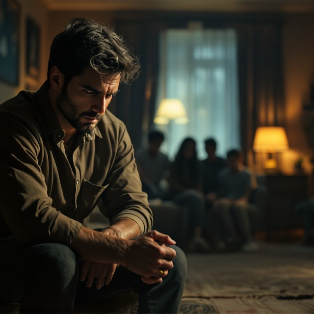 The cover depicts a dimly-lit 1980s living room, styled with muted, earthy color tones (browns, dark greens, and soft yellows) to evoke nostalgia and a somber mood. To the left, a handsome man is shown in partial profile, his shoulders slumped and head tilted downward in visible emotional strain. His clenched hands are prominent, emphasizing the glint from his golden wedding ring. In the background, silhouetted against the faint glow of a floor lamp, a slightly blurred image of a sitting woman and three teenage boys provides a sense of distance and estrangement. The title "Here We Go" is front and center, designed with a subtle rainbow gradient effect to hint at LGBTQ+ themes. The author name, Barry Scott, appears in the bottom-right corner in a clean, understated style to balance the visual weight.