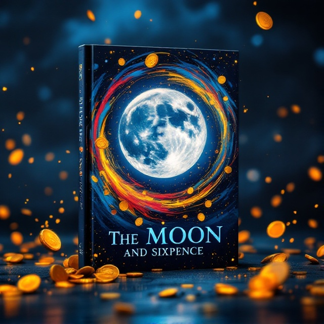 A night scene with a dynamic, swirling splash of vibrant reds, bold yellows, and electric blues forming the strokes of a painterly sky. The moon takes center stage in a textured, glowing manner and is intertwined with luminescent, golden sixpence coins that orbit around it as if caught in an artistic dance. Background layers reveal faint abstract patterns resembling brushstrokes, adding depth.