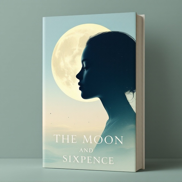 A large silhouette of the protagonist's profile faces the left side of the cover, slightly tilted upward, signifying longing or aspiration. Overlapping this silhouette is a translucent, softly glowing moon with faint craters, creating an ethereal and dreamlike effect. In the background, a gradient sky transitions from pastel sky blue at the top to light beige at the base, suggesting the passing of time or a feeling of melancholy. The lower portion of the cover features subtle brushstroke textures in soft pastel green, symbolizing artistic pursuits.
