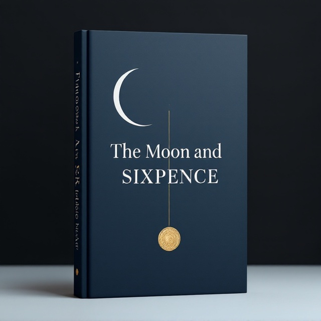 A minimalist design featuring a thin, crescent outline of a moon in the upper left corner and a simple, circular coin outline in the bottom right corner. Both elements are connected by a faint diagonal line to subtly evoke a sense of imbalance. The moon is white against a navy-blue background, while the coin is gold, adding a visual contrast that draws the eye. The background remains minimal, with just soft gradients of navy blue transitioning to black, creating a dreamy, reflective atmosphere.