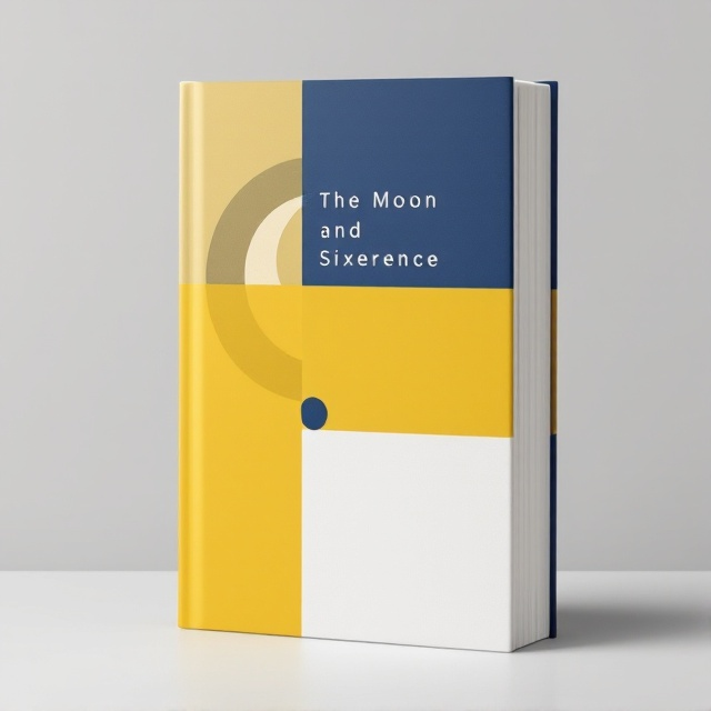 The cover features three bold vertical color blocks. On the left, a deep navy blue; in the center, a bright yellow stripe; and on the right, a crisp white. Layered over the middle yellow segment is an abstract crescent moon shape made of negative space, paired with scattered geometric sixpence-like circles spread into the navy and white sections for contrast and balance.