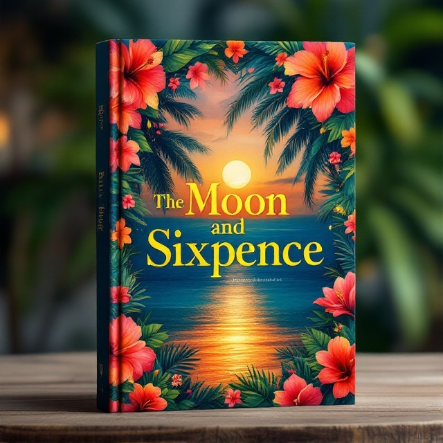 A vibrant tropical setting with cascading plumeria and hibiscus flowers forming an arch or frame. In the lower half, there is a hint of a distant moon glowing against a darkening gradient sky of deep blues and oranges. The background incorporates the blurred silhouette of palm trees and a subtle ocean horizon.
