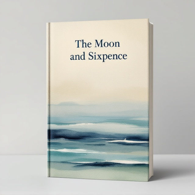 The top half of the cover has a vast expanse of warm beige with textured shading creating a faded, vintage appearance. It provides an open canvas for the title, "The Moon and Sixpence," placed slightly off-center at the top. The lower half transitions into an abstract watercolor composition of horizontal brush strokes in soft light blues, muted aquamarines, and pale greens, layered with subtle transparency and blending. The strokes give a sense of fluidity, movement, and emotional depth, mirroring the soul-searching narrative. The dividing line between the two halves is slightly blurred, creating a seamless yet dynamic transition.