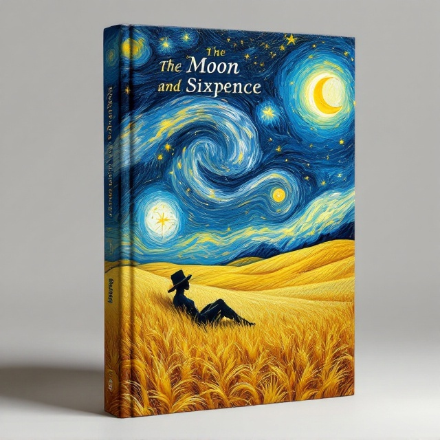 standing book mockup, Its title is "The Moon and Sixpence".  A dreamlike Van Gogh-inspired cover featuring a swirling deep blue sky filled with golden-yellow starry swirls. A crescent moon sits slightly off-center, radiating a soft glow. Below, expansive rolling golden wheat fields with thick, impasto-like brushstrokes stretch across the design, symbolizing a balance between earthly concerns and artistic ambition. In the foreground, a small reclining silhouette gently blends into the field's texture, evoking introspection and passion. Nestled discreetly within the moon is a faint detail of a hat and coin, subtle nods to the book’s themes. A serif typeface, such as Baskerville or Garamond, in a warm golden hue that complements the wheat fields. The title is placed centrally near the top, with a slight curve, implying the poetic tone of the book., The crescent moon is a key focal point at the upper center-left of the cover. The title curves across the sky in harmony with the swirling stars. The wheat fields dominate the bottom half, with the silhouette reclining slightly off-center. All elements are balanced symmetrically for a harmonious and artful presentation. The area where the author's name typically appears should be left completely blank, with no text or placeholder.