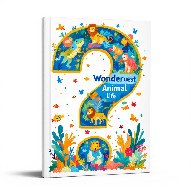 A large, bold question mark occupies the center of the cover, outlined with a vibrant dual-color gradient blending electric blue and sunny yellow. Surrounding the question mark is a circular arrangement of playful and colorful illustrations of animals—frogs, lions, birds, and fish, depicted in a cartoonish, dynamic style. The background is clean white to enhance contrast and draw focus to the vibrant elements.