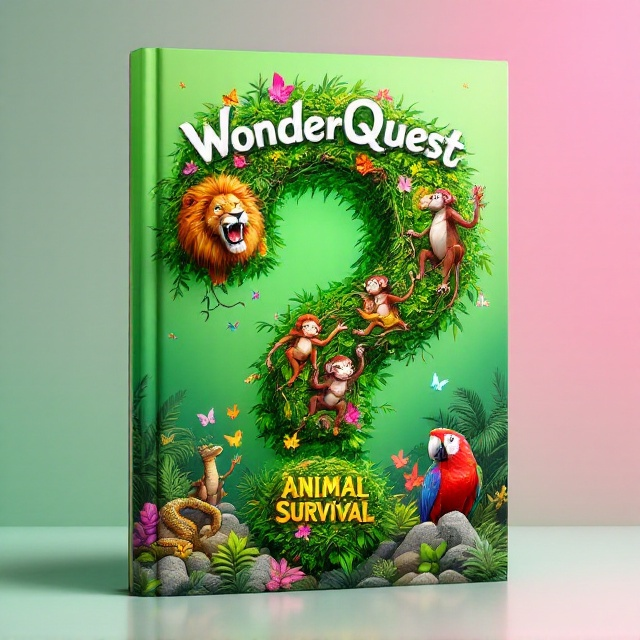 A large, vibrant question mark sits at the center of the cover, formed with intertwining vines and bright green leaves. Animals like a roaring lion, playful monkeys swinging from branches, a coiled serpent, and a colorful parrot perch or climb on the question mark. Surrounding these are smaller details like butterflies, rocks, and lush, jungle-like foliage. The background is a gradient of bright green fading into a soft pink, creating a vibrant and adventurous atmosphere.