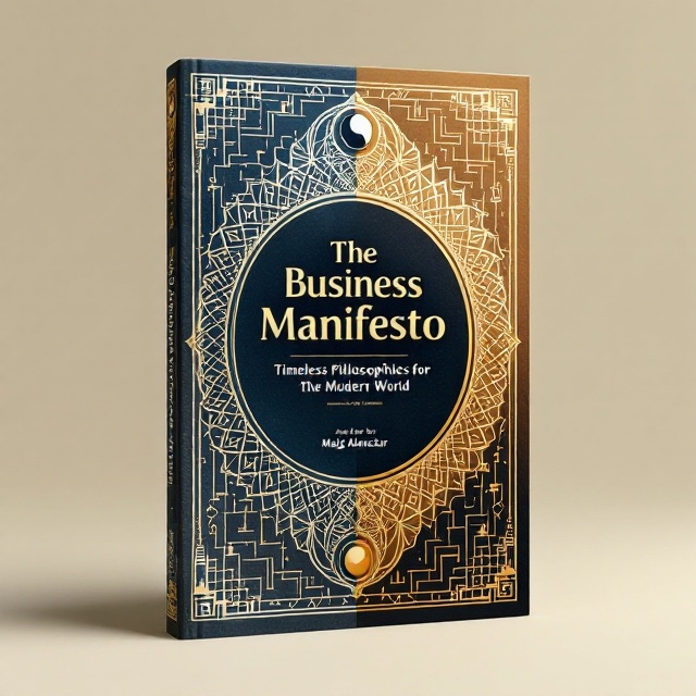 A balanced, symmetrical design where the left half of the cover features a stoic marble column and a yin-yang symbol subtly patterned into a geometric Islamic art framework. The right half transitions into modern business elements with abstract digital grids, minimalist bar charts, and interlocking gears, connected through a seamless gradient. The background gradient flows from deep blue on the left (ancient wisdom) to gold on the right (modern achievement), creating an inspiring visual journey.