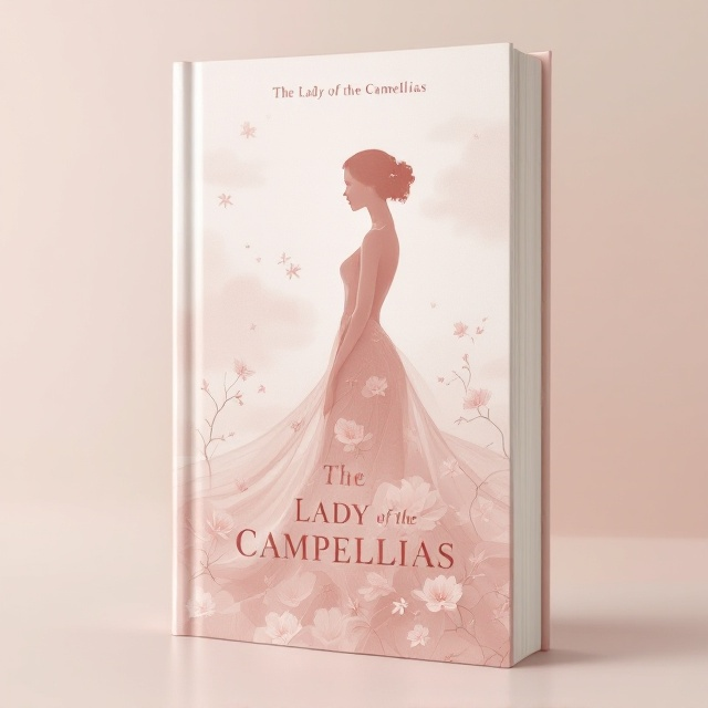 A soft gradient of pale pink blending into ivory forms the background, creating a subtle, dreamy aesthetic. At the center, a silhouette of a graceful woman wearing a flowing gown merges seamlessly with delicate camellia petals, both in semi-transparent layers. Smaller camellia blossoms and wisps of light-gray script handwriting are scattered across the cover, adding a tender, vintage touch. Gentle clouds fade around the edges, enhancing the sorrowful, romantic atmosphere.