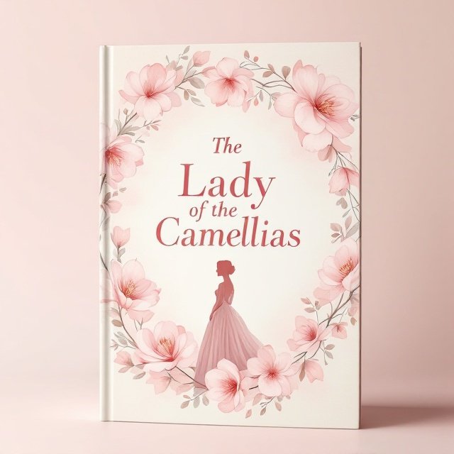 A central circular floral frame made of delicate pastel pink camellias overlaid on an ivory background. Within the floral frame, a graceful silhouette of a woman in an early 19th-century gown stands, facing slightly to the side to suggest introspection. Subtle watercolor accents blend into the background, creating a soft, romantic texture. Light pastel gradients softly fade outwards from the floral frame.