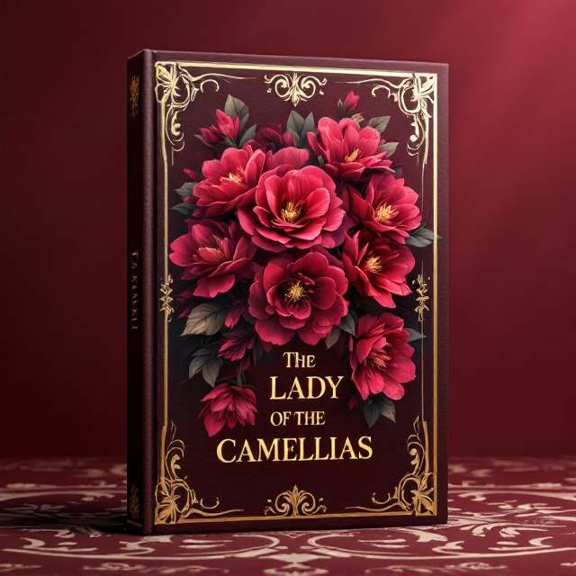A large, overflowing bouquet of camellias in rich shades of burgundy, blooming vibrantly at the center of the cover. Baroque gold flourishes frame the entire scene, curling elegantly at the corners and along the borders. The background is a deep, velvety burgundy, with subtle gradients and textures reminiscent of ornate, vintage wallpaper. Soft beams of light subtly illuminate the bouquet, adding depth and drama.