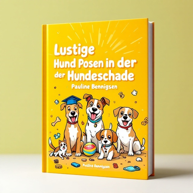 A cheerful, bright yellow background with a subtle, sunburst gradient emanating from behind the central imagery. At the center, a playful illustration of a group of cartoon-like dogs in humorous training poses (e.g., a Labrador attempting a handstand, a Chihuahua sitting with a tiny graduation cap, and a Beagle balancing on a yoga ball). Around the dogs, small, scattered icons of common training tools (like treats, whistles, and leashes) are drawn in a doodle style.