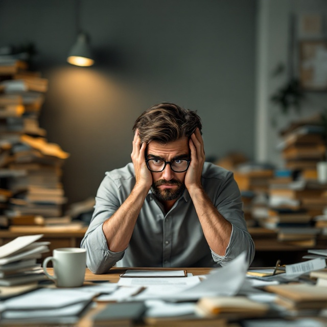 The cover features a bearded man wearing glasses, positioned slightly off-center in the foreground. He sits at a desk, holding his head in both hands with visible worry etched on his face. The office surrounding him is chaotic, filled with scattered papers, toppled stacks of books, an overturned coffee mug, and a flickering overhead light casting a dim glow. The background consists of muted tones, primarily gray, beige, and dull yellow, emphasizing the cluttered, stressful atmosphere. A focused vignette effect highlights the man in contrast to the messy surroundings, drawing the viewer's eye to him.
