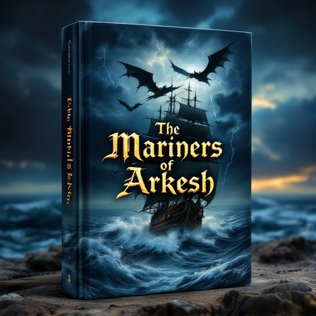 A dramatic seascape at twilight, with rich hues of dark blue and gold. Three majestic dragons soar in a triangular formation in the stormy sky, their wings spread wide, staring down ominously at an old, weathered sail ship navigating the roaring waves below. The ocean and sky seamlessly blend together, creating a sense of depth and movement, with faint streaks of lightning illuminating the scene.