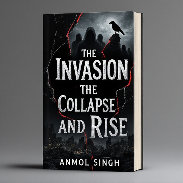 A shadowy cityscape in ruins sits at the bottom of the cover, bathed in muted tones of black, deep gray, and flickering hints of red. Above the ruins, oversized silhouettes of figures with blurred faces suggest mystery and danger. Jagged lines, resembling cracks, run diagonally across the cover like fault lines. A solitary raven perches on one of the cracks. The background fades into a starless black void, giving an ominous feeling of emptiness and suspense.