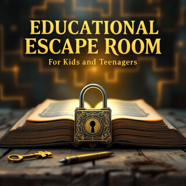 An ornate, golden lock and key are resting prominently on an aged wooden table in the center of the cover. Behind them lies an open, ancient book with faintly glowing pages. A scattered pen and compass hint at problem-solving and exploration. The background features a blurred, subtle maze pattern to evoke mystery and adventure, while a golden light radiates from the book, symbolizing enlightenment and discovery.