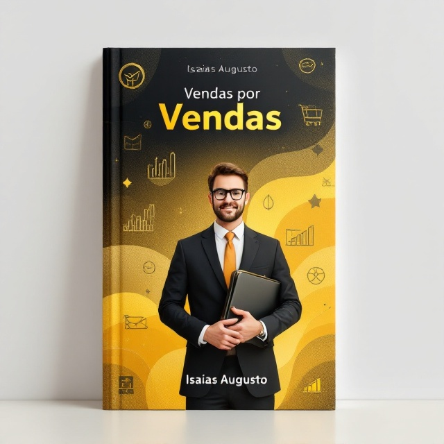 A centered, charismatic illustration of a professional seller in a suit, confidently holding a briefcase with a background of subtle golden yellow gradients forming abstract patterns. The background integrates sleek, minimalist icons related to sales and business such as graphs, handshake symbols, and shopping carts. The shining golden accents evoke high value and success. The author’s name, “Isaias Augusto,” is placed boldly near the bottom.