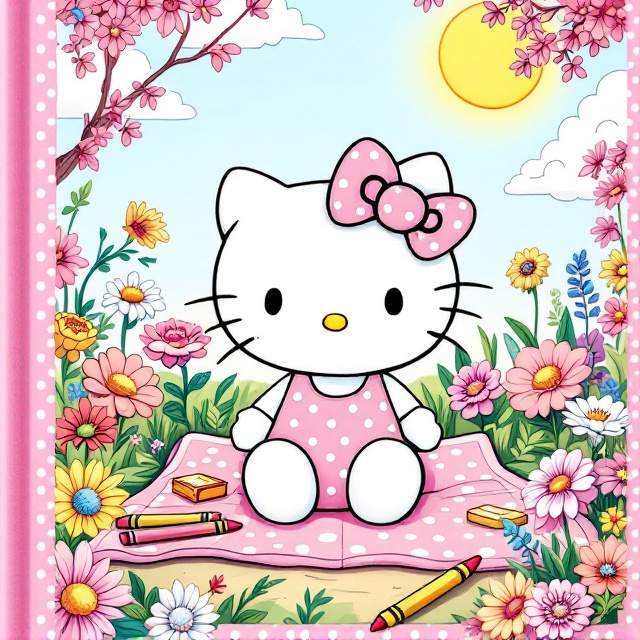 Hello Kitty is seated at the center of the cover on a bright pastel pink polka dot picnic blanket. She is dressed in an adorable polka dot dress with a large, cheerful bow on her head, radiating joy. Around her is a burst of detailed flowers with colorful, intricate petals, set against vividly illustrated grass. The sky features a glowing pastel yellow sun and fluffy white clouds, maintaining a breezy and happy tone. A decorative polka dot-themed border frames the entire scene, pulling the elements together cohesively. Coloring tools (crayons) are playfully scattered along the bottom corners to hint at the interactive nature of the book.