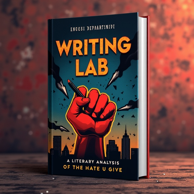 A striking composition featuring a clenched fist surrounded by stylized smoke and jagged shards representing conflict and broken barriers. The clenched fist, a symbol of defiance and empowerment, is holding a pen to signify the "writing lab" aspect of literary analysis. In the background, faint silhouettes of a divided cityscape blend into a dramatic gradient of black and crimson, fading into subtle hints of dawn blue—a representation of hope emerging from struggle. Police tape overlays part of the background with the bold text "DO NOT CROSS" partially obscured, signifying themes of police violence and systemic barriers.