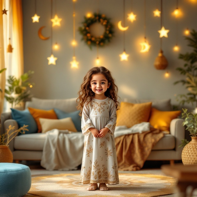 The cover showcases a warm, inviting living room setting, softly lit to evoke a sense of coziness and warmth. Kafa, a cheerful half-Arab, half-Caucasian 4-year-old girl with wavy, light brown hair, stands in the center wearing a beautifully ornate dress adorned with subtle gold and pastel patterns. Around her, there are vibrant Ramadan decorations, like twinkling fairy lights, crescent moons, and star garlands hanging on the walls. Her grandparents sit lovingly on a modest sofa behind her with kind, proud expressions, dressed in simple yet elegant attire. A patterned rug grounds the scene, and festive, colorful pillows add a touch of playfulness. The overall colors are a mix of warm yellows, soft blues, and pastel hues, with hints of gold to convey joy and celebration.