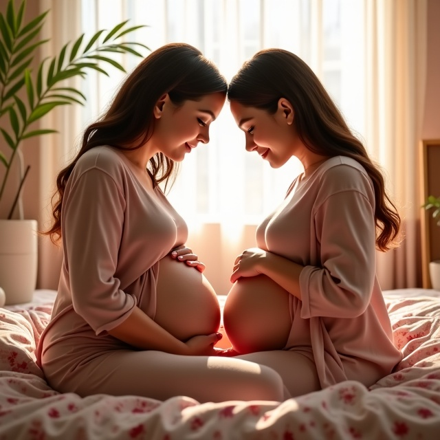 Two pregnant women, embracing in a sitting position on a plush, floral bed with gentle cascading light from a window behind them. Both women are holding their baby bumps with one hand while clasping the other’s hand in a soft, loving gesture. Their expressions are hopeful and affectionate. In the background, elements of a cozy home setting such as soft curtains and a bedside table are visible. The color palette is dominated by shades of warm red, blush pink, and leafy green tones for a romantic and natural feel.