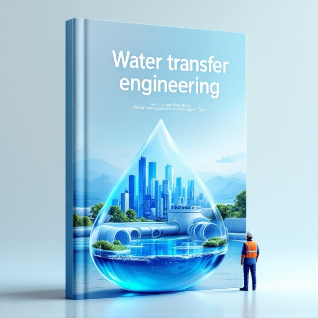 A vivid scene featuring two or three thick water pipelines running diagonally from the bottom left to the center of the cover, symbolizing infrastructure. At the center, a large, glossy, 3D-rendered blue water droplet houses a futuristic cityscape with towering skyscrapers, shimmering glass, and greenery scattered throughout. The droplet has subtle gradients of blue, emphasizing purity and innovation. In the background, a serene horizon reveals distant mountains and a pale blue sky, giving a sense of scale and tranquility. At the bottom right corner, a small depiction of an engineer in a safety vest and helmet observes the pipelines in front of a modern water pumping station.