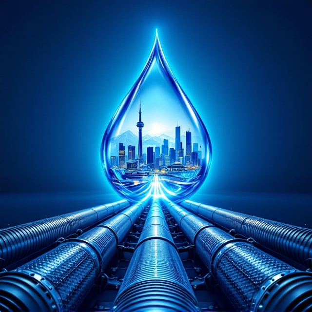 A deep blue background dominates the cover, symbolizing water and freshness. In the center of the design, a large, glossy blue water droplet encapsulates a luminous, modern cityscape, prominently featuring Milad Tower and Azadi Square from Tehran. The clear city details are surrounded by soft gradients of blue and white to enhance the idea of purity and innovation. Below the droplet, two to three thick silver-gray pipelines, gleaming with metallic sheen, stretch outward, connecting the city to the foreground with a futuristic water pumping station subtly resting near the base. The pipelines feature intricate embossing, evoking an engineering perspective. In the far background, fading into the horizon, snow-capped mountains add depth. A subtle halo of light resonates around the drop, enhancing the freshness and modernity feel.