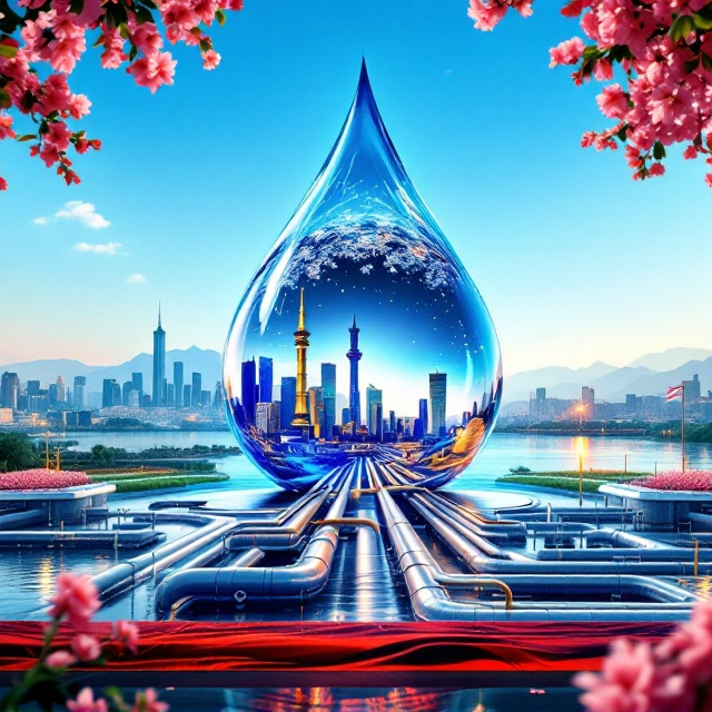 A massive blue water droplet dominates the center of the book cover, encapsulating a modern and advanced cityscape. The Tehran skyline includes the Milad Tower and Azadi Tower prominently highlighted, bathed in golden and green light. Massive, thick water pipelines wind around the base of the droplet, extending outward and intertwining into an advanced water pumping station at the foreground. The lower portion of the cover forms a stable ground featuring the Iranian flag as the rich base texture, complemented by distant mountains on the horizon. Above, a vibrant blue sky with hanging pink flowers frames the scene, offering an aura of freshness and optimism.