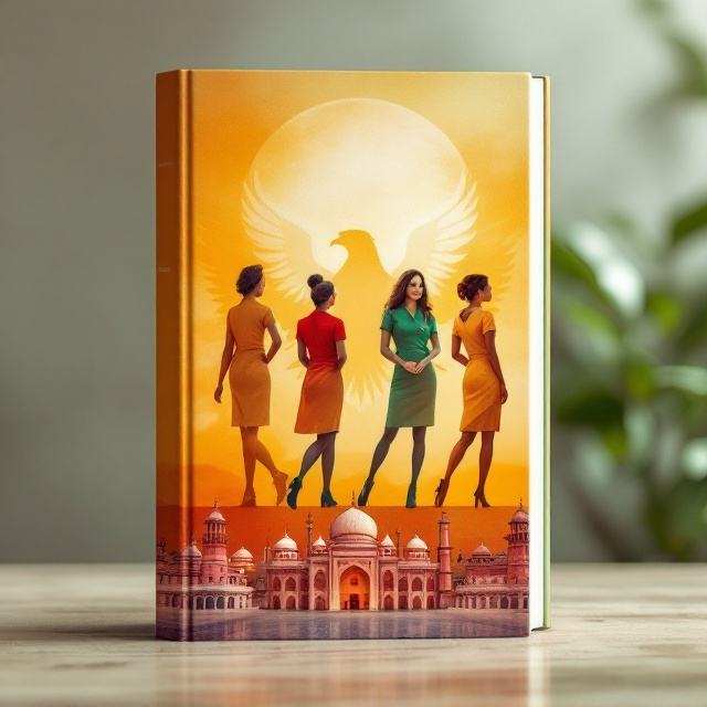 The cover features a composite design that fuses photographs of the four flight attendants with iconic Indian and Mexican cultural elements. The background is a soft, gradient overlay of warm, earthy tones (oranges, golds, and subtle greens) reminiscent of India's sacred landscapes. The central focus is a semi-transparent silhouette of an eagle emblem (representing Mexico) subtly integrated behind the vibrant photo of the flight attendants. Miniature overlays of Indian landmarks, like the Taj Mahal and Jaipur’s pink-hued architecture, blend harmoniously into the bottom foreground, creating a culturally rich montage that hints at travel and exploration.