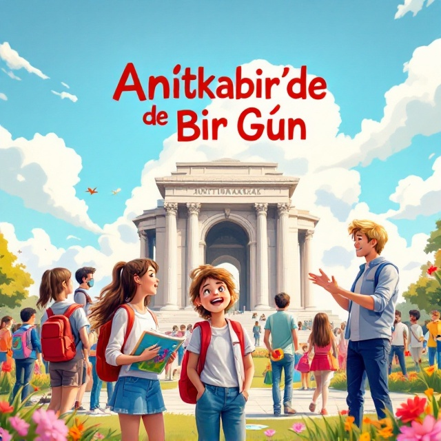 The front and back covers seamlessly blend into one scene. The backdrop features the iconic Anıtkabir structure standing tall on a sunny day with a few soft, fluffy clouds in a vivid blue sky. In the foreground, Ece, an excited young girl with a red backpack and a wide smile, stands holding a sketchpad with colorful drawings of Anıtkabir. Next to her is her mother, dressed semi-casually, and her teacher, looking supportive and kind. Surrounding them are a mix of other excited school children, parents, and teachers. Cihan, the youthful guide with blonde hair, is positioned at the side, enthusiastically gesturing toward Anıtkabir while addressing the group. Vibrant flowers and green lawns add a cheerful and lively touch.