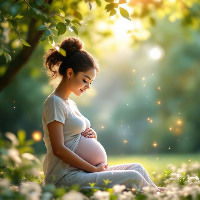 A serene illustration of a pregnant woman sitting peacefully outdoors, under a tree with gentle sunlight streaming through, holding her belly and looking down with a serene smile. Surrounding her are soft, glowing light particles, symbolizing faith and divine blessings. The background features lush greenery fading into a blurred effect, providing a calm and focused ambiance.