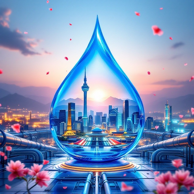 The book cover showcases a massive blue water drop in the center, symbolizing water transfer and engineering. Inside the water drop is a modern and advanced cityscape, featuring Tehran’s Milad Tower and Azadi Square prominently. The city is illuminated under golden and green ambient light, exuding a feeling of progress and vitality. The city's foundation is a flag-patterned ground reflecting the Iranian flag, while distant mountains grace the horizon. Thick, metallic water pipelines run diagonally across the foreground, connecting the cityscape within the drop to a visible water pumping station on the side. The background sky radiates with a gradient of deep blue transitioning into pink. Pink flower petals scattered in the sky provide a refreshing and youthful touch.
