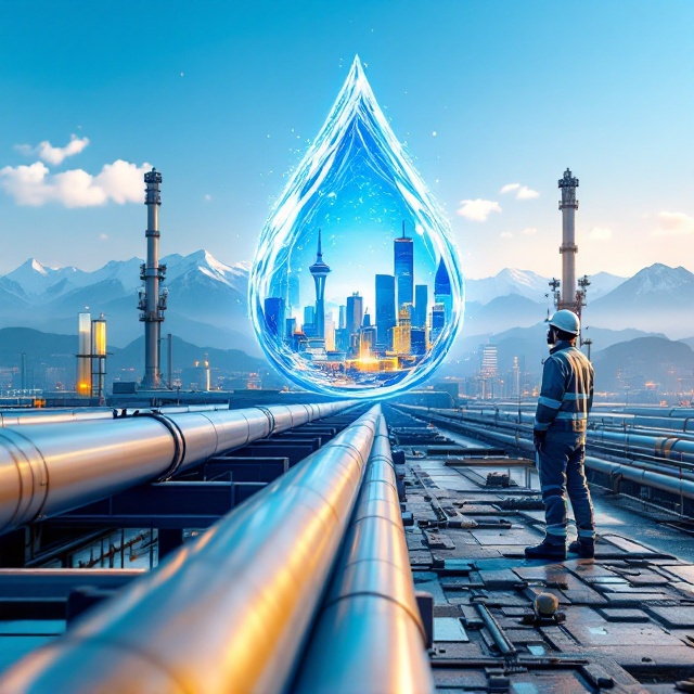 A striking depiction of a massive, thick water pipe spans diagonally across the lower third of the cover. Inside a vibrant, glowing blue water drop set prominently in the center, a modern cityscape emerges, featuring iconic elements such as برج میلاد and میدان آزادی from Tehran. The cityscape appears futuristic, lit with dynamic hues of gold and silver, symbolizing advancement. The background transitions from a fresh clear blue sky to distant snow-capped mountains on the horizon, blending seamlessly into the scene. The cover resonates with cleanliness, innovation, and modern beauty while portraying a sense of managerial excellence. In the foreground, an engineer in a light grey safety suit and helmet stands near a structured pumping station, observing pipelines, adding a human and technical touch.