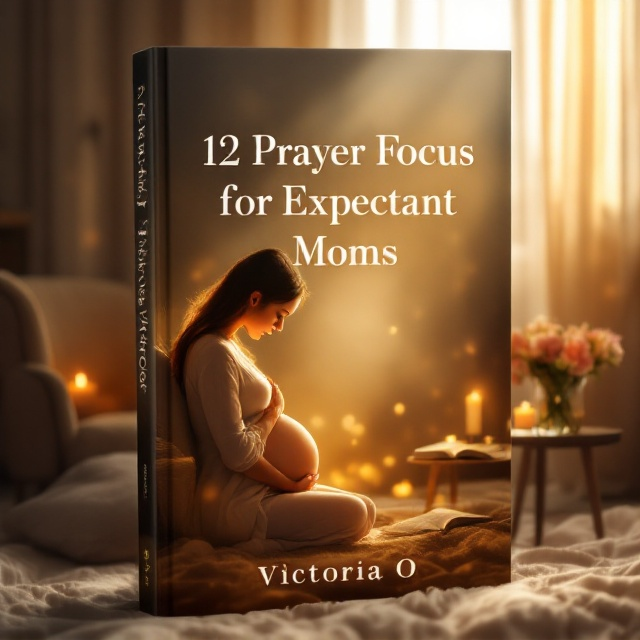 An intimate indoor setting with soft, warm lighting featuring a glowing, serene expectant mother kneeling in gentle prayer by an armchair. In the background, there’s a small table with an open Bible, a candle, and a vase of fresh flowers. A subtle overlay of golden light surrounds the scene, evoking faith and a sense of divine grace.