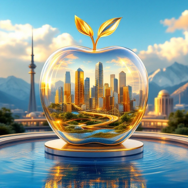 A modern, futuristic city encased in a shimmering golden apple that reflects the rays of sunlight. The apple is partially transparent, revealing the intricate details of skyscrapers, bridges, and greenery housed inside. This golden apple is set alongside a thick and gleaming water pipe with a crystalline finish. The apple and pipe are situated against a vivid blue sky, dotted with a few soft, fluffy white clouds. The background features a horizon of snow-capped mountains, with Milad Tower rising prominently on the left and Azadi Square subtly visible on the right. The air feels alive with spring vitality, radiating freshness. In the foreground, a metallic industrial water pumping station prominently displays the phrase "ایستگاه پمپاژ آب صنعتی" in a shiny, steel-like finish. The overall design has a soft, romantic feel while maintaining a clean, technical style.