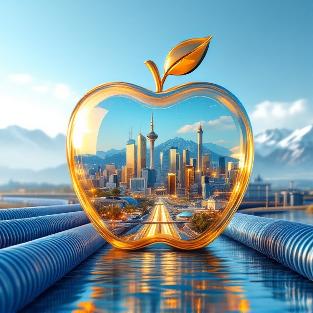 A vibrant, futuristic city enclosed inside a glossy, semi-transparent golden apple. The city's skyscrapers shimmer, integrated with the iconic Milad Tower and Azadi Square at the center. Surrounding the golden apple is a large, sleek, steel-blue water pipe running through the foreground, showcasing its intricate engineering details. The background features a serene, light blue sky with a touch of spring vibrance, distant snowy mountains blending naturally with the picturesque environment. The soft, radiant glow from the golden apple highlights the fusion of technology, nature, and innovation. The scene also includes a water pumping station subtly tucked near the mountains.