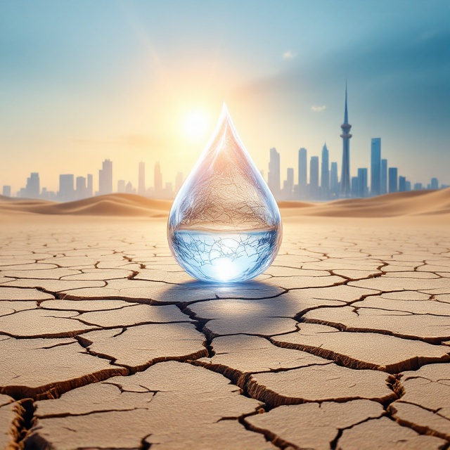 The cover portrays a barren desert with cracked earth spreading out under the scorching sun. A glowing, translucent, and oversized drop of water hovers just above the ground, casting a faint shadow. The background prominently showcases Tehran’s modern skyline, including the Milad Tower and Azadi Tower, emerging faintly in the atmospheric haze. The desert transitions into the city subtly in the distance, symbolizing hope and technological progress. The sky dominates the upper part of the cover with gradients of bright blue and golden hues of sunlight.